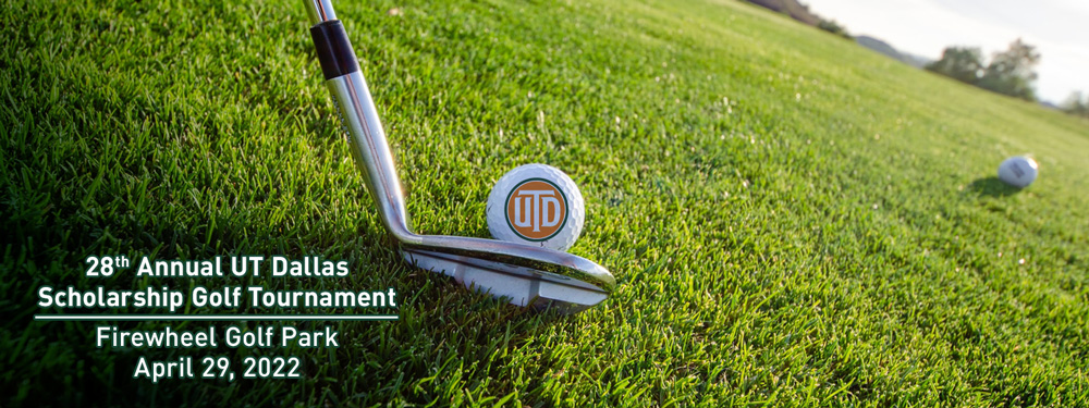 28th Annual UT Dallas Scholarship Golf Tournament, Firewheel Golf Park, April 29, 2022. A Golf ball bearing the UTD logo is about to be hit by a golf club.
