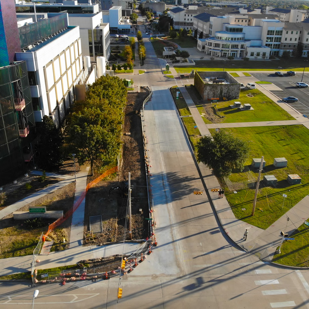 An overhead view of the new turning lane being added to the northbound lane of Rutford Ave. at the intersection of Synergy Park Blvd.