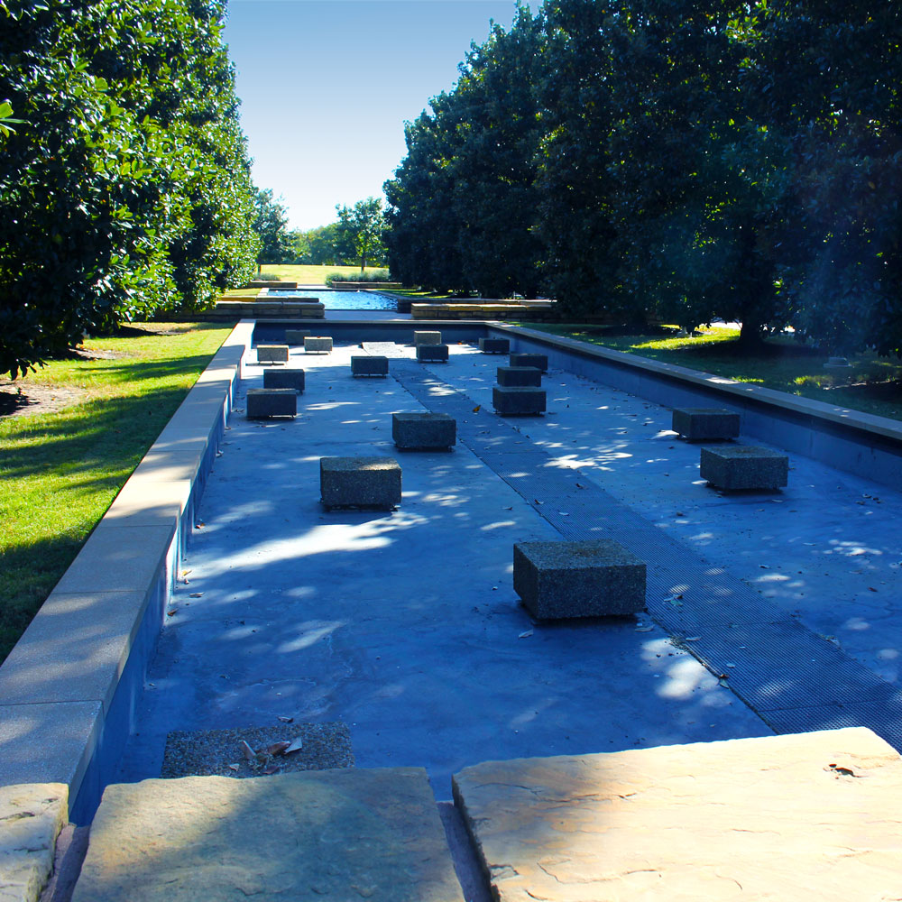 An empty pool flanked by magnolis trees on either side.