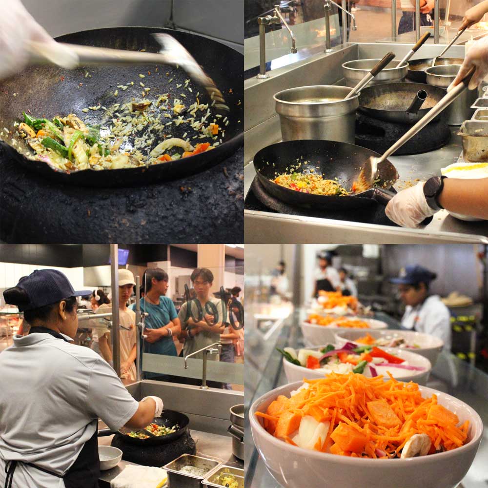A four photo collage showing the preparation and plating of different vegan dishes.