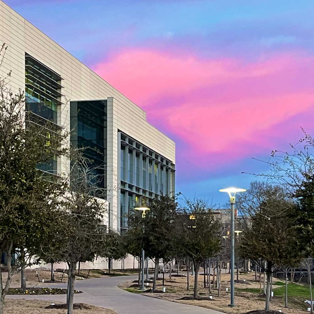 The corner of a modern white stone and glass building rises from among a grove of young trees under a luminous pink and blue dawn sky.