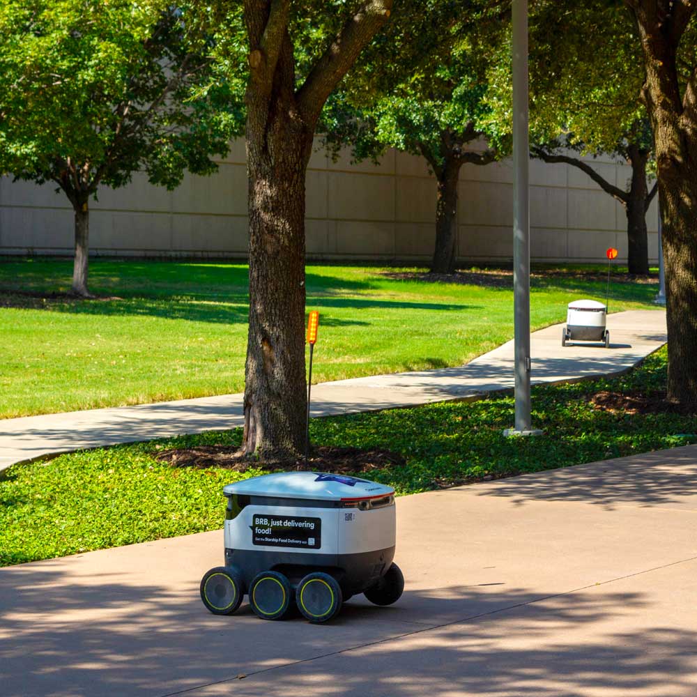 A pair of delivery robots wind their way down a path through a lawn under the shade of several trees. Each robot looks like a six-wheeled cooler with a band of lights and sensors around its lids, and with an antenna topped by a reflector.