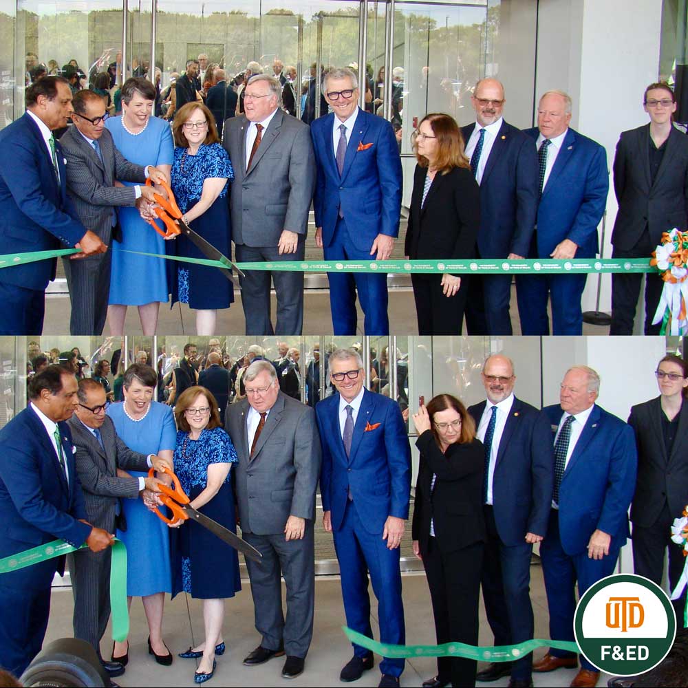 Two moments in time, one just before a ribbon-cutting, and one just after the ribbon is cut and starts to fall. In both, ten people stand lined up behind a ceremonial ribbon and in front of the glass doors of a modern building. Three of them hold a giant pair of scissors between them.