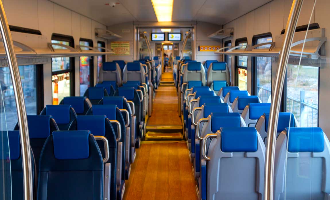 The interior of the new DART train, a step up in comfort from previous trains.